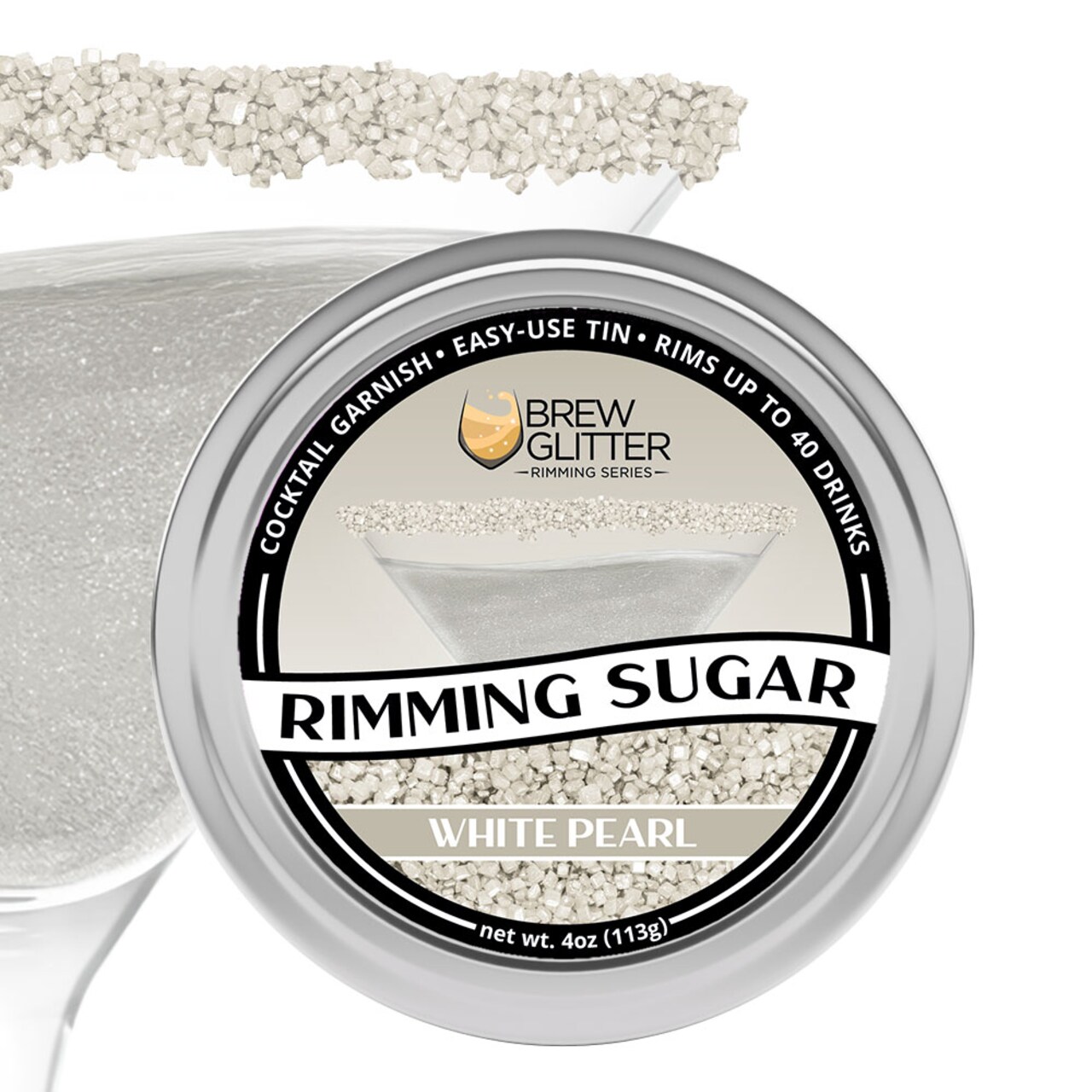 Brew Glitter - White Pearl Rimming Sugar (4oz, 1x Bar Tin) Cocktail Garnish for Mixed Drinks & Refreshments